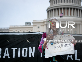 Holocaust survivor Marione Ingram speaks at a Passover Seder on the U.S. Capitol lawn hosted by Jewish organizations advocating a ceasefire...