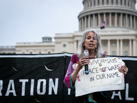 Holocaust survivor Marione Ingram speaks at a Passover Seder on the U.S. Capitol lawn hosted by Jewish organizations advocating a ceasefire...