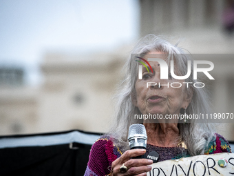 Holocaust survivor Marione Ingram speaks at a Passover Seder on the U.S. Capitol lawn hosted by Jewish organizations advocating a ceasefire...