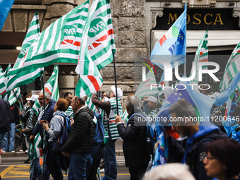 Demonstrators are gathering for the Primo Maggio demonstration in Piazza San Babila in Milan, Italy, on May 1, 2024. (