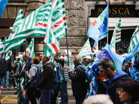 Demonstrators are gathering for the Primo Maggio demonstration in Piazza San Babila in Milan, Italy, on May 1, 2024. (