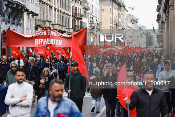 Demonstrators are gathering for the Primo Maggio demonstration in Piazza San Babila in Milan, Italy, on May 1, 2024. 