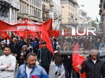 Demonstrators are gathering for the Primo Maggio demonstration in Piazza San Babila in Milan, Italy, on May 1, 2024. (