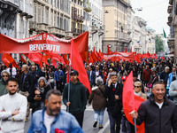 Demonstrators are gathering for the Primo Maggio demonstration in Piazza San Babila in Milan, Italy, on May 1, 2024. (