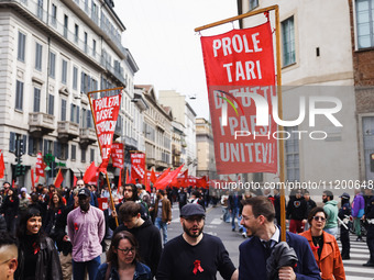 Demonstrators are gathering for the Primo Maggio demonstration in Piazza San Babila in Milan, Italy, on May 1, 2024. (