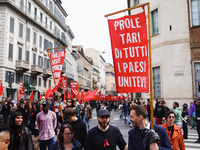 Demonstrators are gathering for the Primo Maggio demonstration in Piazza San Babila in Milan, Italy, on May 1, 2024. (