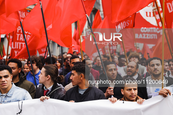 Demonstrators are gathering for the Primo Maggio demonstration in Piazza San Babila in Milan, Italy, on May 1, 2024. 