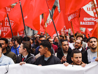 Demonstrators are gathering for the Primo Maggio demonstration in Piazza San Babila in Milan, Italy, on May 1, 2024. (