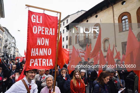 Demonstrators are gathering for the Primo Maggio demonstration in Piazza San Babila in Milan, Italy, on May 1, 2024. 