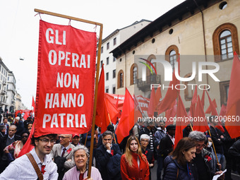 Demonstrators are gathering for the Primo Maggio demonstration in Piazza San Babila in Milan, Italy, on May 1, 2024. (