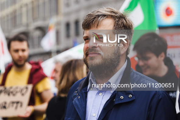 Pierfrancesco Majorino is participating in the Primo Maggio demonstration in Piazza San Babila in Milan, Italy, on May 1, 2024. 