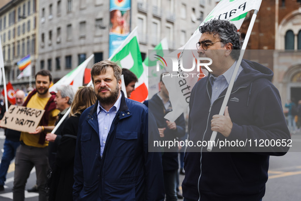 Emanuele Fiano and Pierfrancesco Majorino are participating in the Primo Maggio demonstration in Piazza San Babila in Milan, Italy, on May 1...