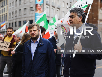 Emanuele Fiano and Pierfrancesco Majorino are participating in the Primo Maggio demonstration in Piazza San Babila in Milan, Italy, on May 1...