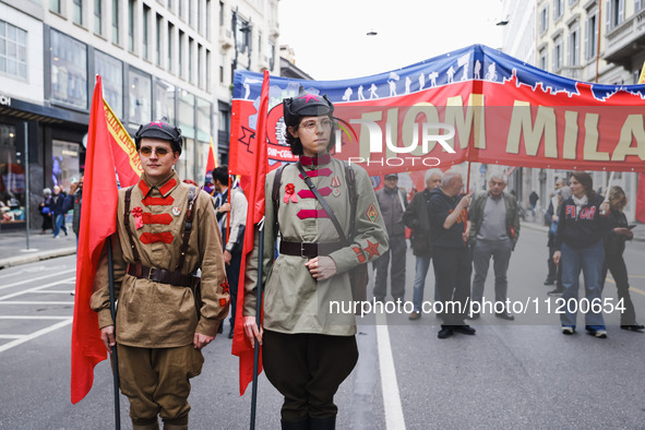 Demonstrators are gathering for the Primo Maggio demonstration in Piazza San Babila in Milan, Italy, on May 1, 2024. 