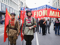 Demonstrators are gathering for the Primo Maggio demonstration in Piazza San Babila in Milan, Italy, on May 1, 2024. (