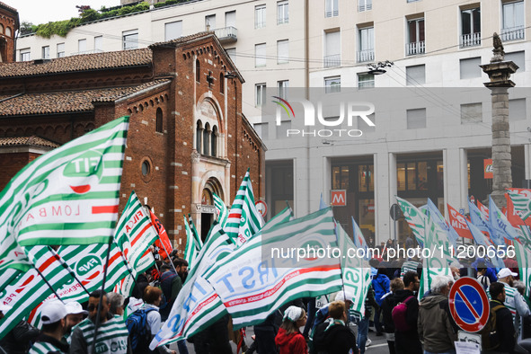 Demonstrators are gathering for the Primo Maggio demonstration in Piazza San Babila in Milan, Italy, on May 1, 2024. 