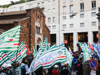 Demonstrators are gathering for the Primo Maggio demonstration in Piazza San Babila in Milan, Italy, on May 1, 2024. (