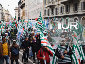 Demonstrators are gathering for the Primo Maggio demonstration in Piazza San Babila in Milan, Italy, on May 1, 2024. (