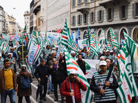 Demonstrators are gathering for the Primo Maggio demonstration in Piazza San Babila in Milan, Italy, on May 1, 2024. (