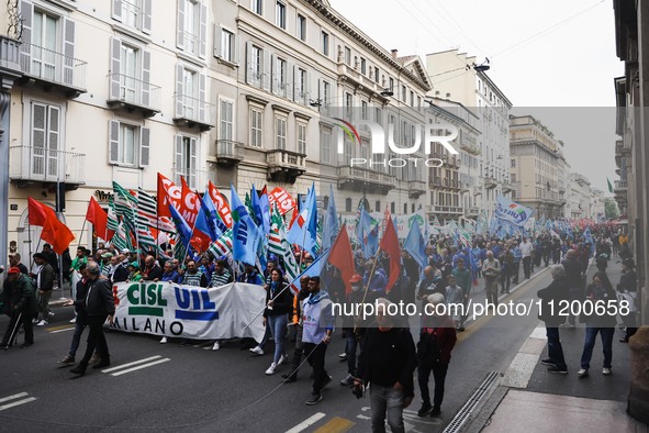 Demonstrators are gathering for the Primo Maggio demonstration in Piazza San Babila in Milan, Italy, on May 1, 2024. 