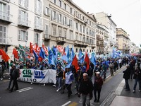 Demonstrators are gathering for the Primo Maggio demonstration in Piazza San Babila in Milan, Italy, on May 1, 2024. (