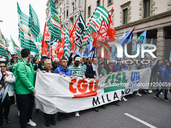 Demonstrators are gathering for the Primo Maggio demonstration in Piazza San Babila in Milan, Italy, on May 1, 2024. (