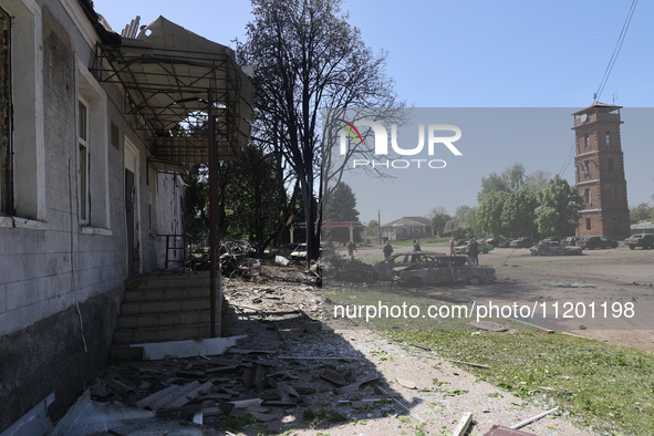 The central part of Zolochiv in the Kharkiv region, northeastern Ukraine, is being pictured after a Russian strike involving guided bombs in...