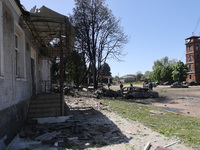 The central part of Zolochiv in the Kharkiv region, northeastern Ukraine, is being pictured after a Russian strike involving guided bombs in...