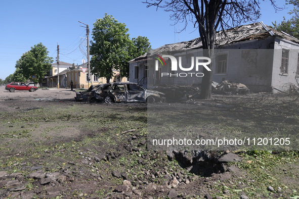 The central part of Zolochiv in the Kharkiv region, northeastern Ukraine, is being pictured after a Russian strike involving guided bombs in...