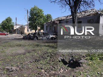 The central part of Zolochiv in the Kharkiv region, northeastern Ukraine, is being pictured after a Russian strike involving guided bombs in...