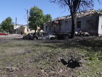 The central part of Zolochiv in the Kharkiv region, northeastern Ukraine, is being pictured after a Russian strike involving guided bombs in...