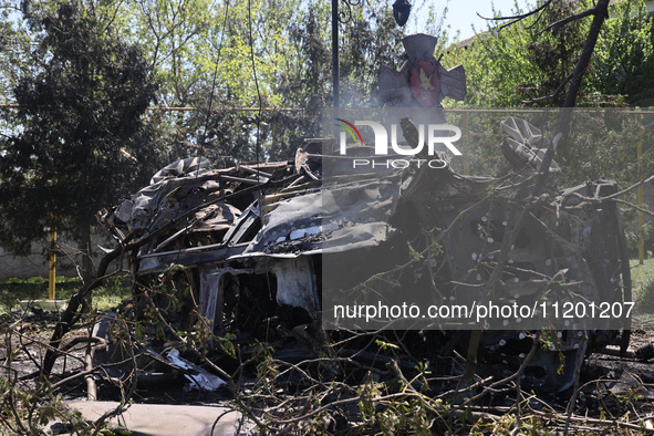 The central part of Zolochiv in the Kharkiv region, northeastern Ukraine, is being pictured after a Russian strike involving guided bombs in...