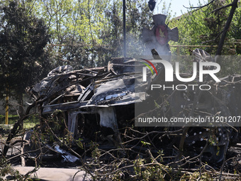 The central part of Zolochiv in the Kharkiv region, northeastern Ukraine, is being pictured after a Russian strike involving guided bombs in...