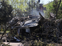 The central part of Zolochiv in the Kharkiv region, northeastern Ukraine, is being pictured after a Russian strike involving guided bombs in...