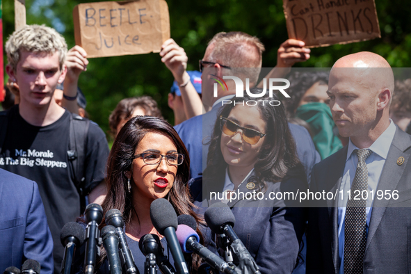 Rep. Lauren Boebert (R-CO) speaks to the press as she and other far-right Republican members of the House Oversight Committee visit the Geor...