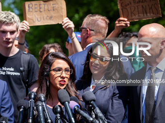 Rep. Lauren Boebert (R-CO) speaks to the press as she and other far-right Republican members of the House Oversight Committee visit the Geor...