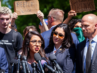 Rep. Lauren Boebert (R-CO) speaks to the press as she and other far-right Republican members of the House Oversight Committee visit the Geor...