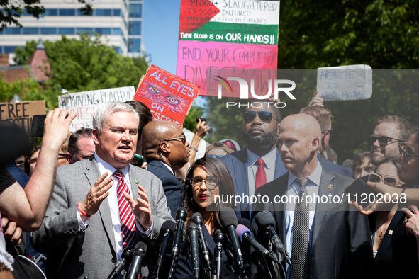 Far-right Republican members of the House Oversight Committee visit the George Washington University Gaza encampment, Washington, DC, May 1,...