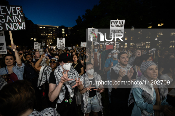 Students rally for Palestine at the George Washington University Gaza encampment, Washington, DC, May 1, 2024.  GWU students established the...