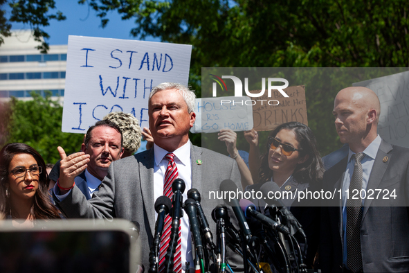 Rep. James Comer (R-KY), Chair of the House Oversight Committee, speaks at a press conference as he and far-right Republican committee membe...