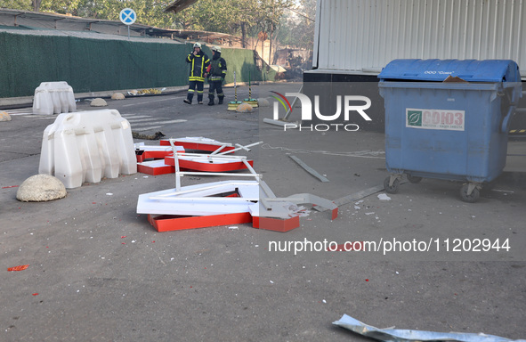 Debris is scattered at a Nova Poshta depot and cargo branch in Odesa, Ukraine, on May 2, 2024, after being damaged by a Russian ballistic mi...