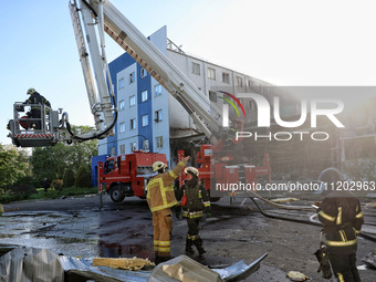 Rescuers are responding to a Russian ballistic missile strike on a Nova Poshta depot and cargo branch in Odesa, Ukraine, on May 2, 2024. The...