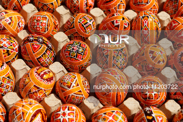 Ukrainian Easter eggs, known as pysankas, are being displayed in Rynok Square ahead of Orthodox Easter on May 5, in Ivano-Frankivsk, Ukraine...