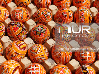 Ukrainian Easter eggs, known as pysankas, are being displayed in Rynok Square ahead of Orthodox Easter on May 5, in Ivano-Frankivsk, Ukraine...