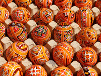 Ukrainian Easter eggs, known as pysankas, are being displayed in Rynok Square ahead of Orthodox Easter on May 5, in Ivano-Frankivsk, Ukraine...