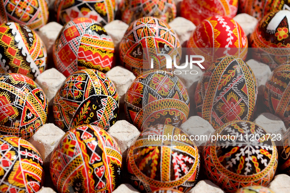 Ukrainian Easter eggs, known as pysankas, are being displayed in Rynok Square ahead of Orthodox Easter on May 5, in Ivano-Frankivsk, Ukraine...