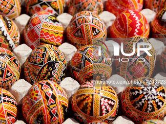 Ukrainian Easter eggs, known as pysankas, are being displayed in Rynok Square ahead of Orthodox Easter on May 5, in Ivano-Frankivsk, Ukraine...