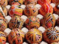 Ukrainian Easter eggs, known as pysankas, are being displayed in Rynok Square ahead of Orthodox Easter on May 5, in Ivano-Frankivsk, Ukraine...