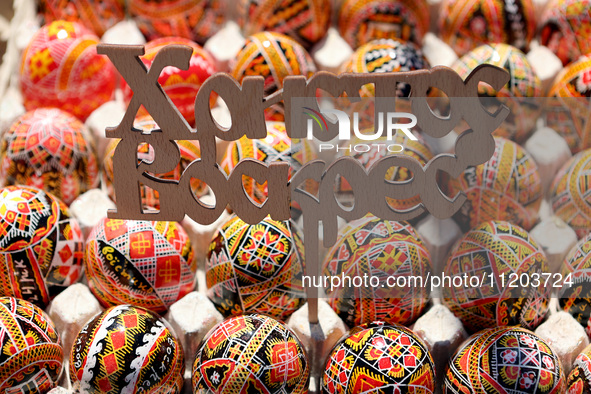 Ukrainian Easter eggs, known as pysankas, are being displayed in Rynok Square ahead of Orthodox Easter on May 5, in Ivano-Frankivsk, Ukraine...