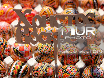 Ukrainian Easter eggs, known as pysankas, are being displayed in Rynok Square ahead of Orthodox Easter on May 5, in Ivano-Frankivsk, Ukraine...